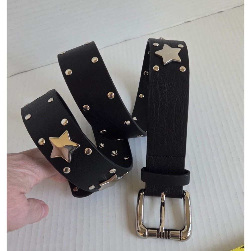 BTB B-Low The Belt Black Leather Studded Stars Silver Tone Buckle Wide 37" Large